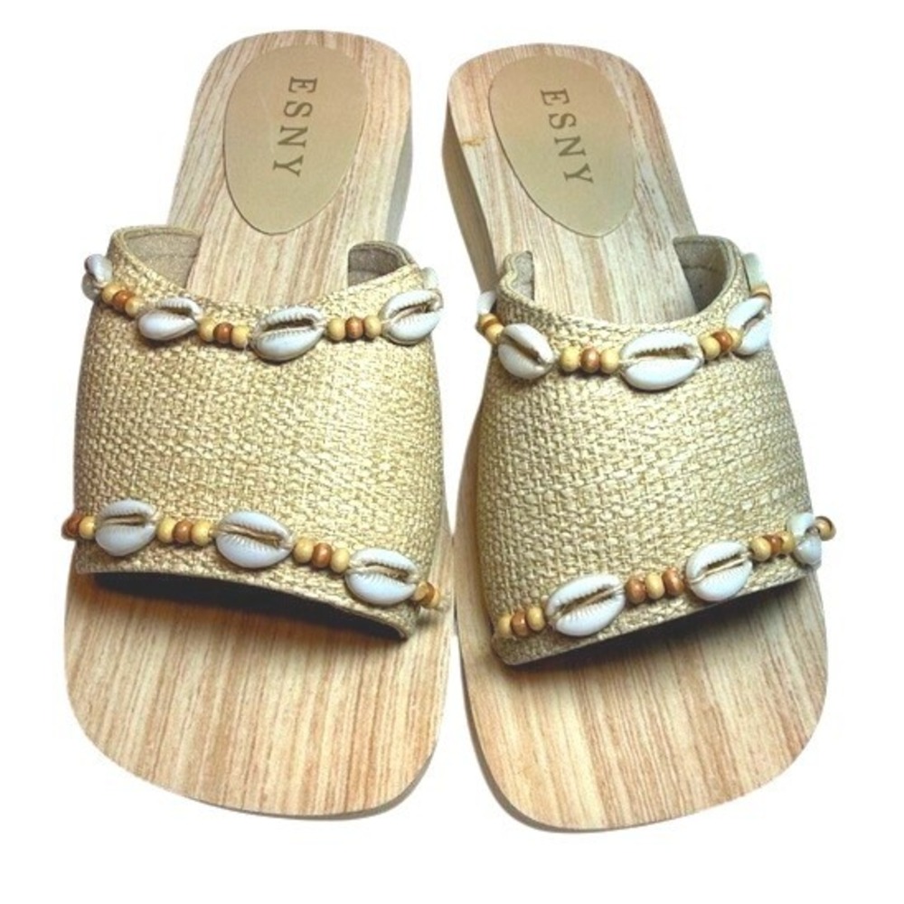 ESNY Platform Slide Sandals Women's Tan‎ Summer Beach Shell Bead Boho Size 7